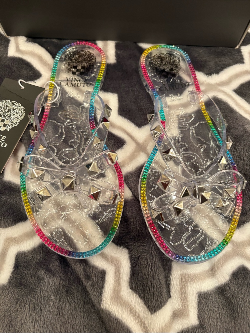 Vince Camuto Clear Jelly Sandals with Rainbow Trim and Studs